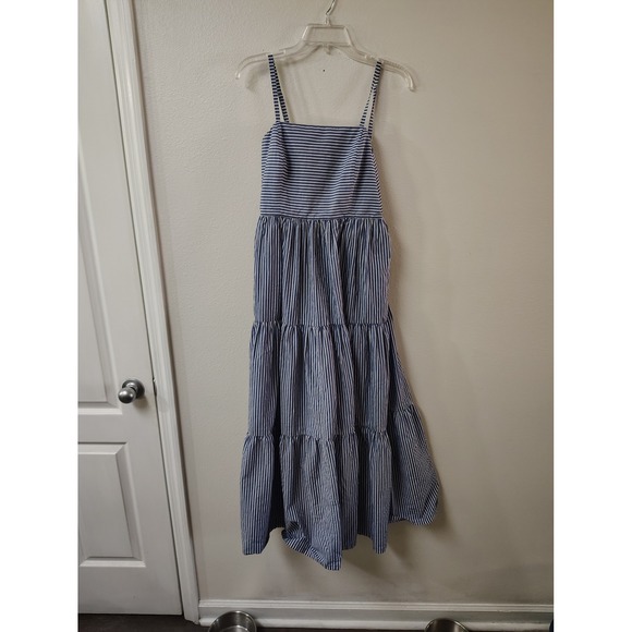 J. Crew Dresses & Skirts - J.Crew Blue White Striped Tiered Maxi Dress Cotton Poplin Size 12 Spaghetti